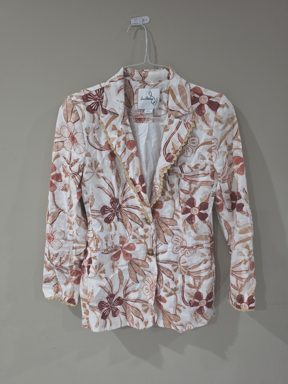 Sam Edelman Floral Linen Blend Blazer Small Boho Embroidered Trim